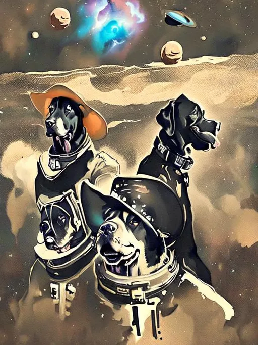 Prompt: Surrealism black dogs in cowboy outfits in space, abstract art style, cowboy hat, fun atmosphere, floating celestial bodies, mysterious nebulae, dreamlike, surreal, high contrast, otherworldly, abstract, space, astronaut, fun atmosphere, celestial bodies, dreamlike, surreal, high contrast, mysterious, nebulae, dogs, Pro trump clothing