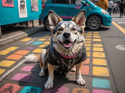 Prompt: a detailed grunge dog in cyberpunk Japan festival, chalk pastel, natural lighting, highres, detailed streets, fun, cyberpunk, detailed fur, vibrant colors, lively atmosphere, street festival, urban setting, chalk pastel art, detailed background, Japan, pop art, festival vibes, sketch