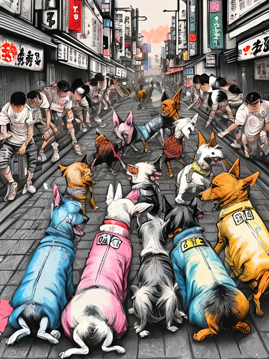 Prompt: pop art chalk pastel art of detailed dogs wearing gangster clothes playing in the streets in japan during a festival, sketch, detailed background, highres, fun atmosphere, natural lighting,  abstract, fun