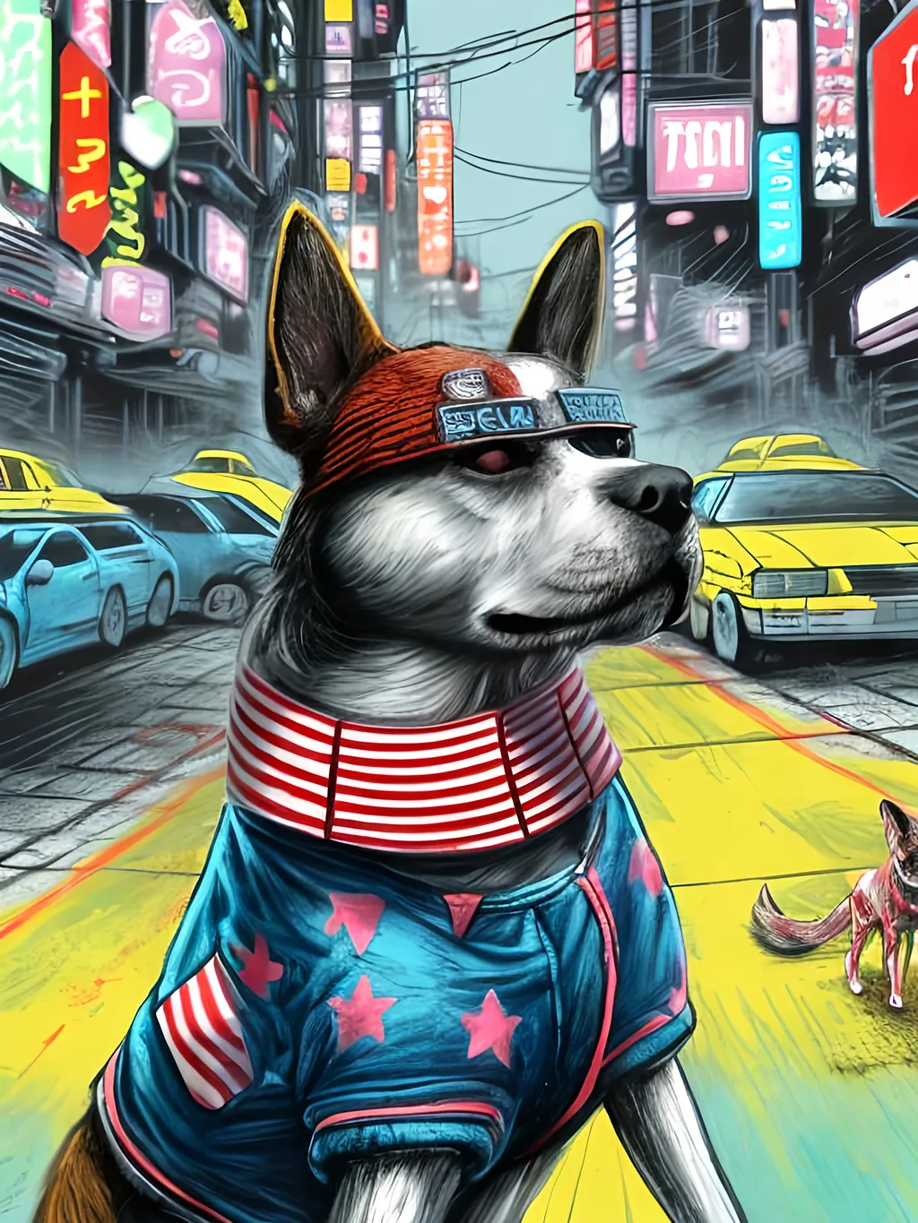 Prompt: pop art chalk pastel art of detailed dog wearing USA clothes playing in the streets in cyberpunk japan during a festival, sketch, detailed background, highres, fun atmosphere, natural lighting,  abstract, fun