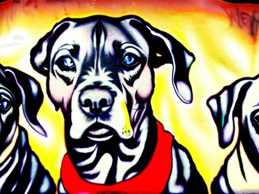 Prompt: mountain cur black dogs in gangster rappers clothing graffiti