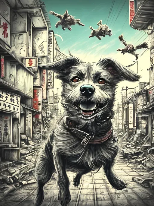 Prompt: pop art chalk pastel art of detailed dog flying in post apocalyptic Japan, sketch, detailed background, highres, fun atmosphere, natural lighting,  abstract, fun
