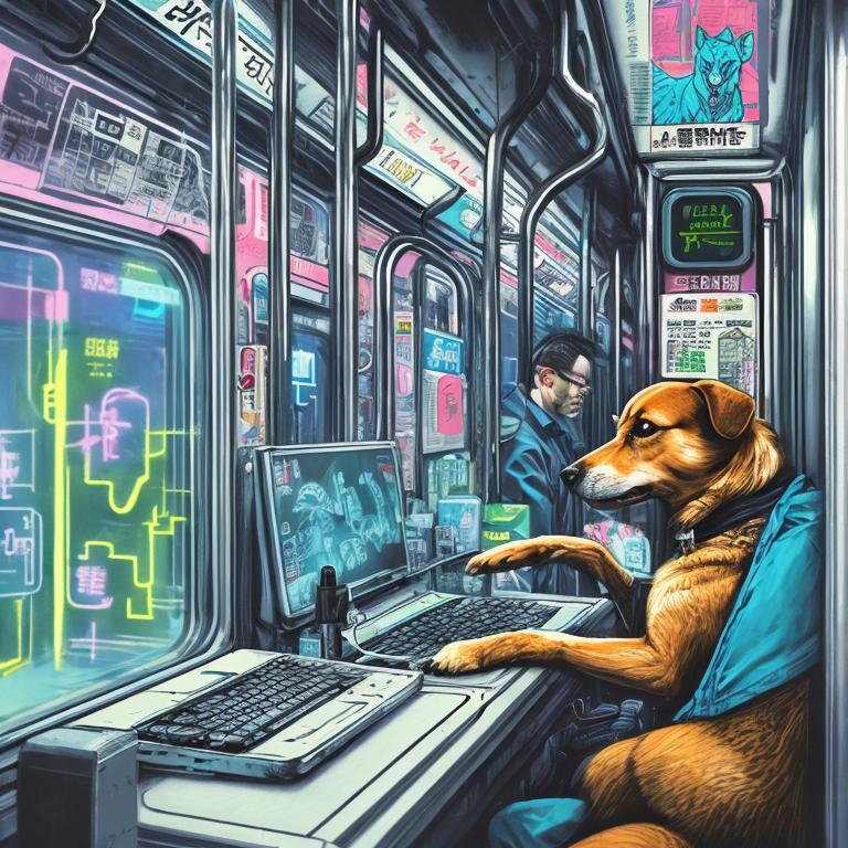 Prompt: pop art chalk pastel art of a detailed dog hacking a computer on the subway train in cyberpunk japan with planes in the background, sketch, detailed background, highres, fun atmosphere, natural lighting,  abstract, fun