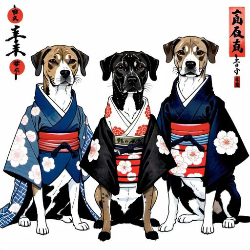 Prompt: black mountain cur dogs in hiroshige wearing samurai clothes
