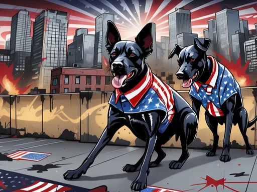 Prompt: Abstract art of a black dogs in gangster clothes, graffiti, streets, patriotic, detailed, atmospheric lighting, battle in the background, highres, abstract, gangster, detailed clothing, patriotic theme, streets, atmospheric lighting, dogs