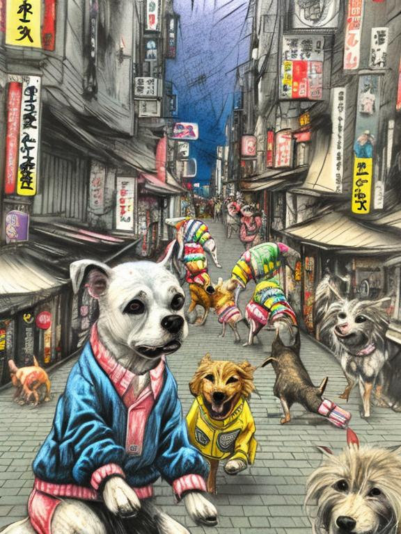 Prompt: pop art chalk pastel art of detailed dogs wearing clothes playing in the streets in japan during a festival, sketch, detailed background, highres, fun atmosphere, natural lighting,  abstract, fun