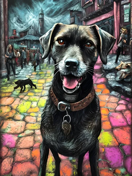 Prompt: Detailed mountain cur all black dog at a renaissance fair, festival, pop art chalk pastel, grunge, highres, abstract, natural lighting, lively atmosphere, fun, vibrant, happy-go-lucky, detailed dogs, detailed eyes, detailed fur, festive, flying, post-apocalyptic, Japan, chalk pastel, detailed background, grunge style, abstract art, high quality, natural lighting