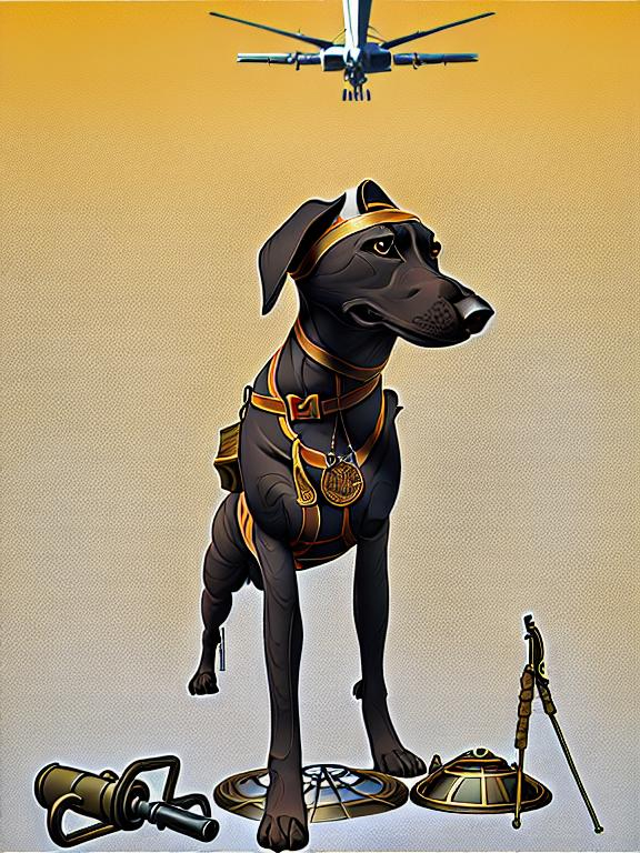 Prompt: black mountain cur dog in military gear in egypt 70s poster