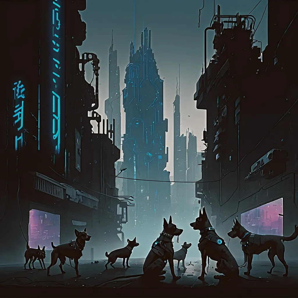 Prompt: blue cyberpunk city with dogs
