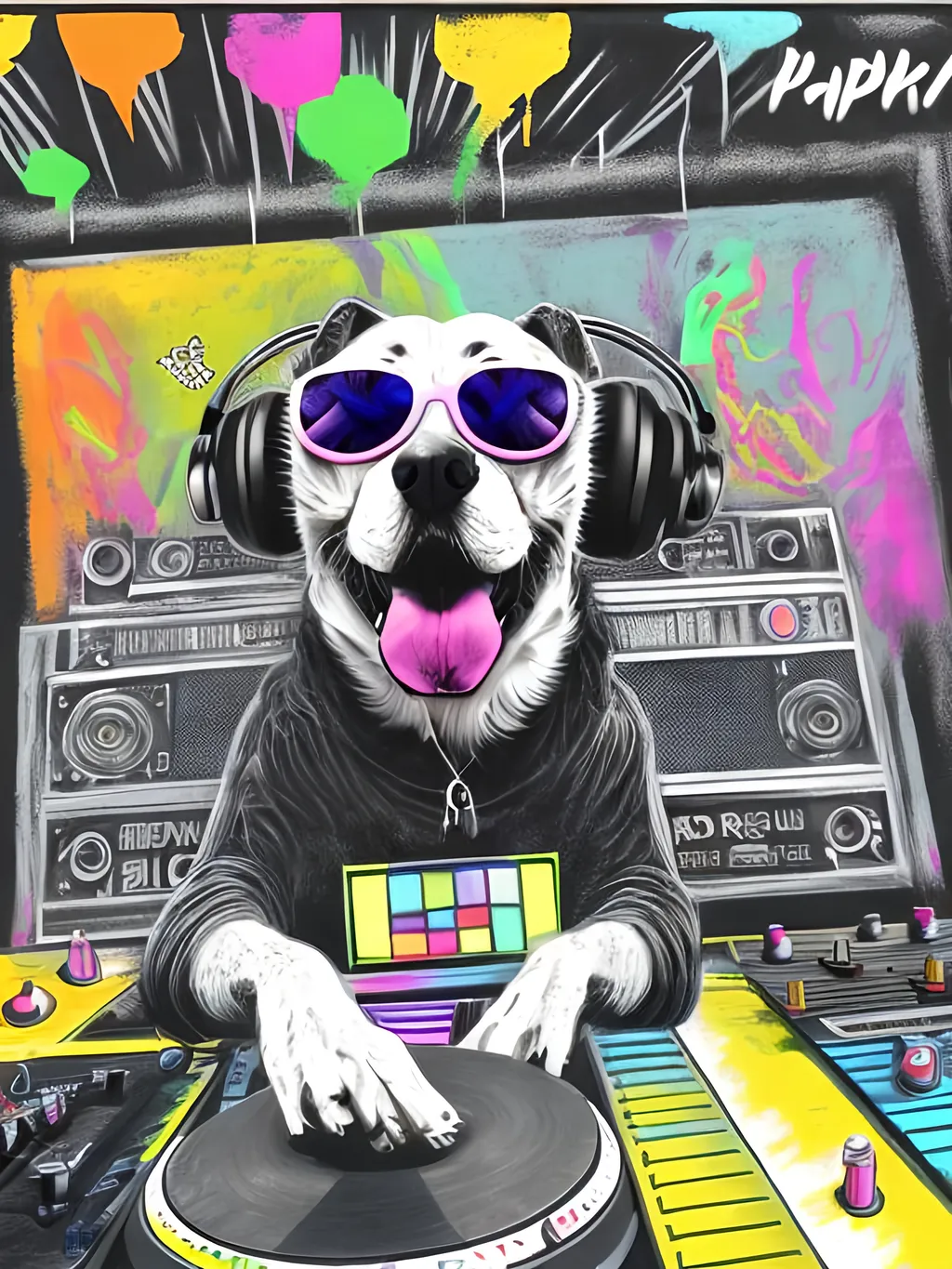 Prompt: pop art chalk pastel art of detailed dog DJing in Japan, sketch, detailed background, highres, fun atmosphere, natural lighting,  abstract, fun