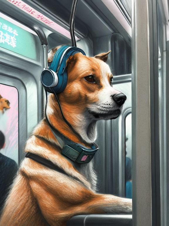 Prompt: chalk pastel art of a detailed dog listening to music on the subway train in cyberpunk japan, sketch, detailed background, highres, fun atmosphere, natural lighting,  abstract, fun
