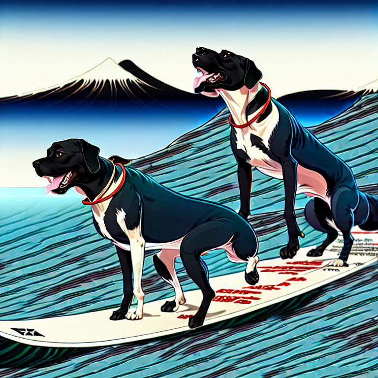 Prompt: black mountain cur dogs surfing in hiroshige wearing pro trump clothes