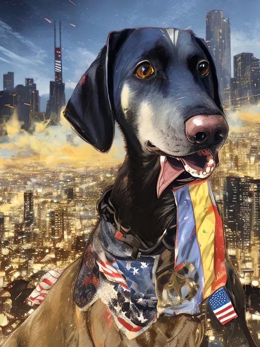 Prompt: a detailed mountain cur black dog wearing usa clothes at a city rally in cyberpunk japan, pop art chalk pastel, detailed background, high res, fun