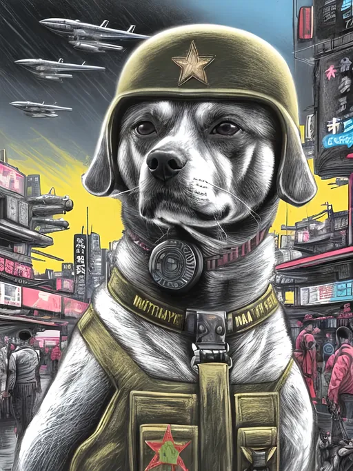 Prompt: pop art chalk pastel art of a detailed dog wearing a military uniform on the streets in cyberpunk japan during a festival with planes in the background, sketch, detailed background, highres, fun atmosphere, natural lighting,  abstract, fun