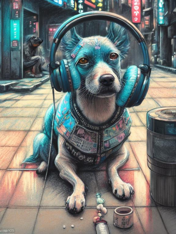 Prompt: chalk pastel art of a detailed dog listening to music on the streets in cyberpunk japan during a festival, sketch, detailed background, highres, fun atmosphere, natural lighting,  abstract, fun