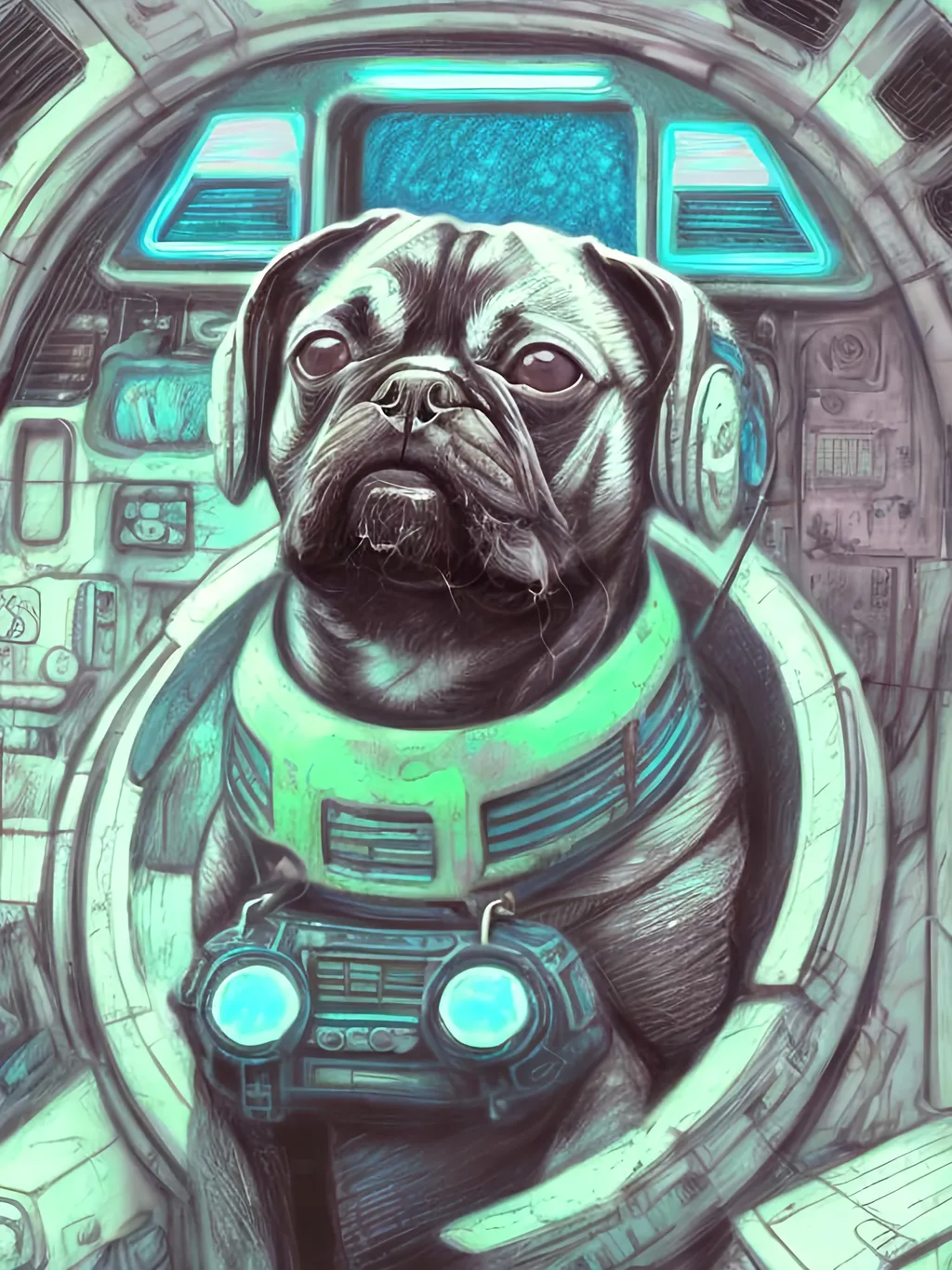 Prompt: chalk pastel style of a  detailed dog in a cyberpunk spaceship, sketch, detailed background, highres, fun atmosphere, natural lighting,  abstract, fun