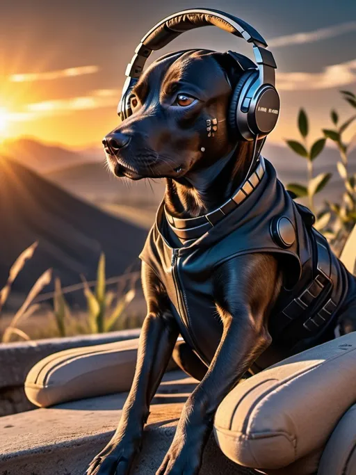 Prompt: all black mountain cur dog cyber punk ninja with headphones in sun set