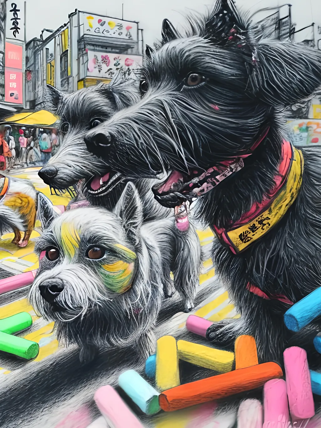 Prompt: pop art chalk pastel art of detailed dogs wearing clothes playing in the streets in japan during a festival, sketch, detailed background, highres, fun atmosphere, natural lighting,  abstract, fun