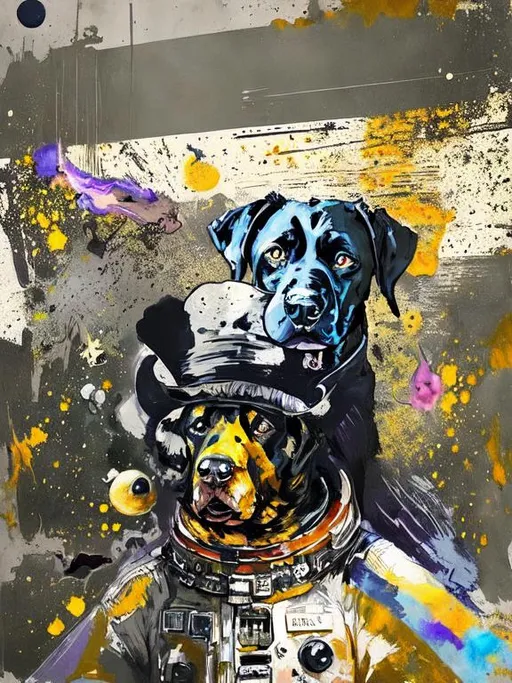 Prompt: Surrealism black dogs in cowboy outfits in space, abstract art style, cowboy hat, eerie atmosphere, floating celestial bodies, mysterious nebulae, dreamlike, surreal, high contrast, otherworldly, abstract, space, astronaut, fun atmosphere, celestial bodies, dreamlike, surreal, high contrast, mysterious, nebulae, dogs