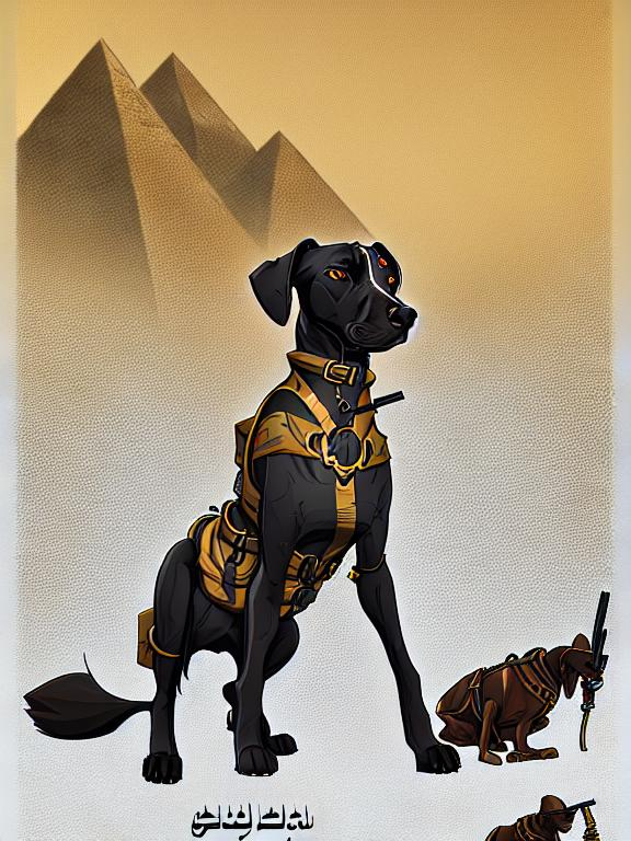 Prompt: black mountain cur dog in military gear in egypt 90s poster