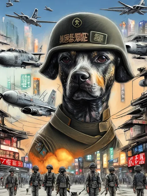 Prompt: chalk pastel art of a detailed dogs wearing military uniforms on the streets in cyberpunk japan during a festival with planes in the background, sketch, detailed background, highres, fun atmosphere, natural lighting,  abstract, fun