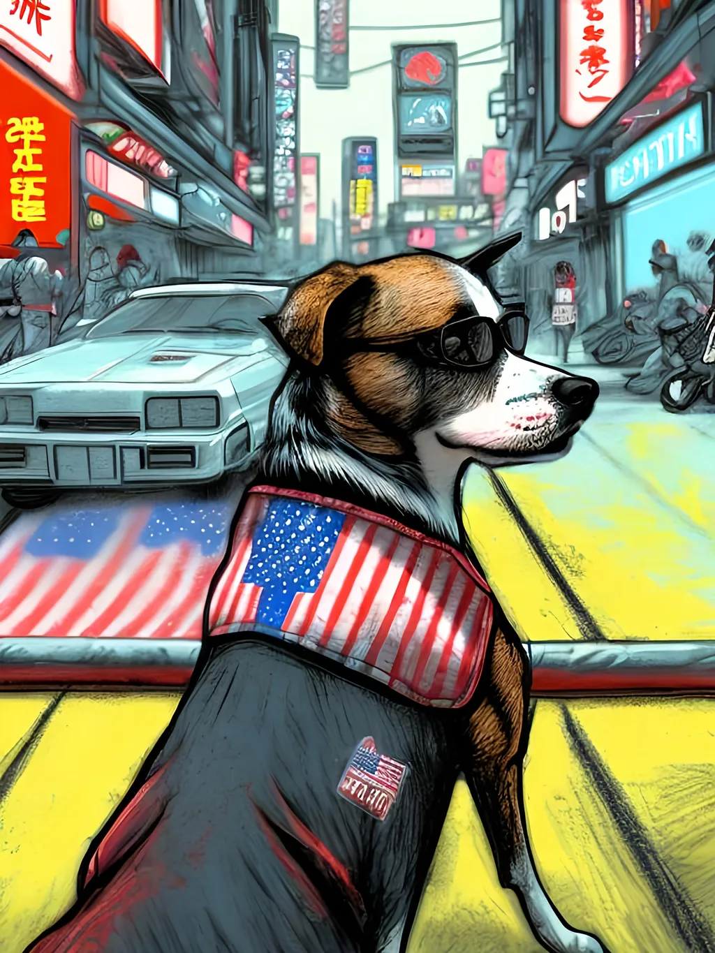 Prompt: pop art chalk pastel art of detailed dog wearing USA clothes playing in the streets in cyberpunk japan during a festival, sketch, detailed background, highres, fun atmosphere, natural lighting,  abstract, fun