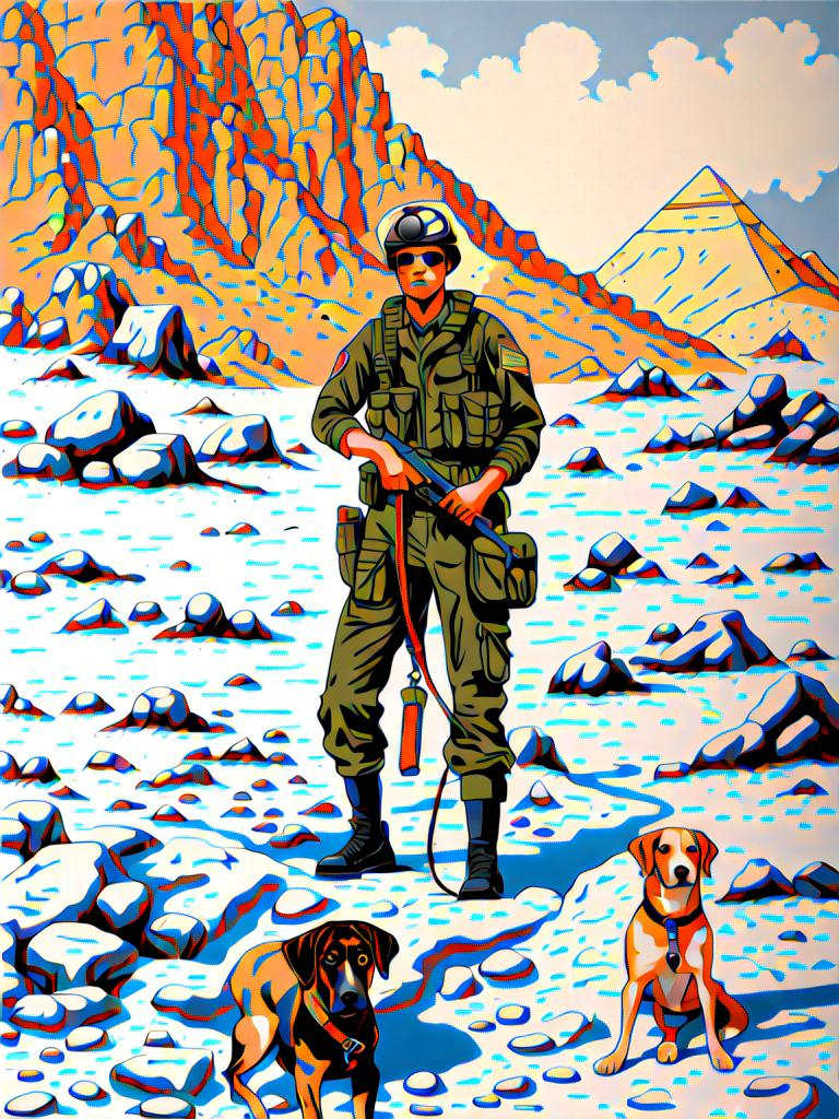 Prompt: black mountain cur dog in military gear in egypt 90s poster