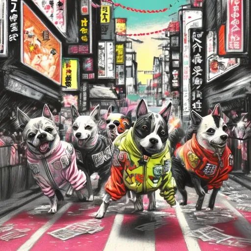 Prompt: pop art chalk pastel art of detailed dogs wearing gangster clothes playing in the streets in japan during a festival, sketch, detailed background, highres, fun atmosphere, natural lighting,  abstract, fun