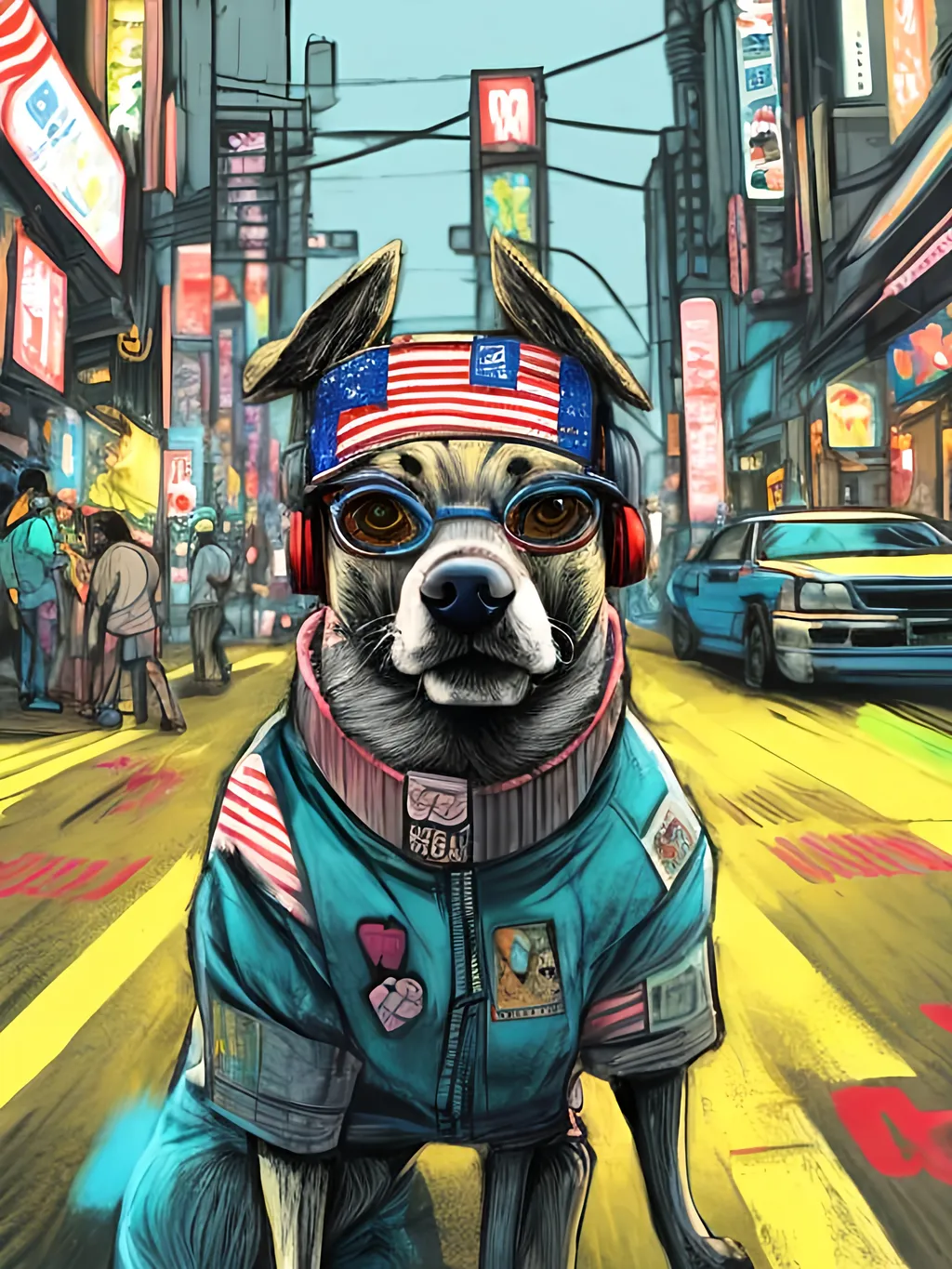 Prompt: pop art chalk pastel art of detailed dog wearing USA clothes playing in the streets in cyberpunk japan during a festival, sketch, detailed background, highres, fun atmosphere, natural lighting,  abstract, fun