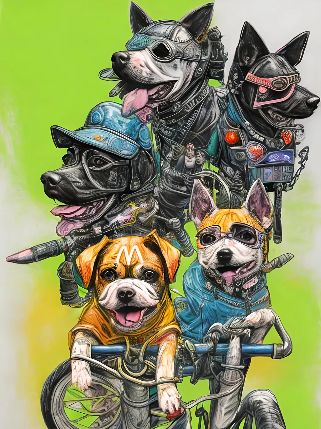 Prompt: pop art chalk pastel art of detailed dogs wearing biker gang clothes playing in the streets in cyberpunk japan during a festival, sketch, detailed background, highres, fun atmosphere, natural lighting,  abstract, fun