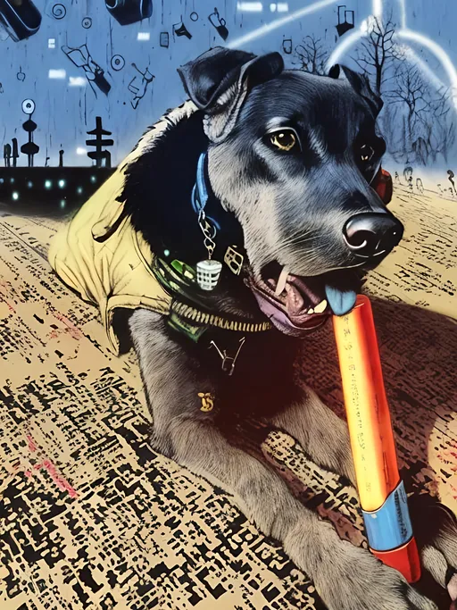 Prompt: pop art chalk pastel art of a detailed dog hacking a computer on the subway train in cyberpunk japan with planes in the background, sketch, detailed background, highres, fun atmosphere, natural lighting,  abstract, fun