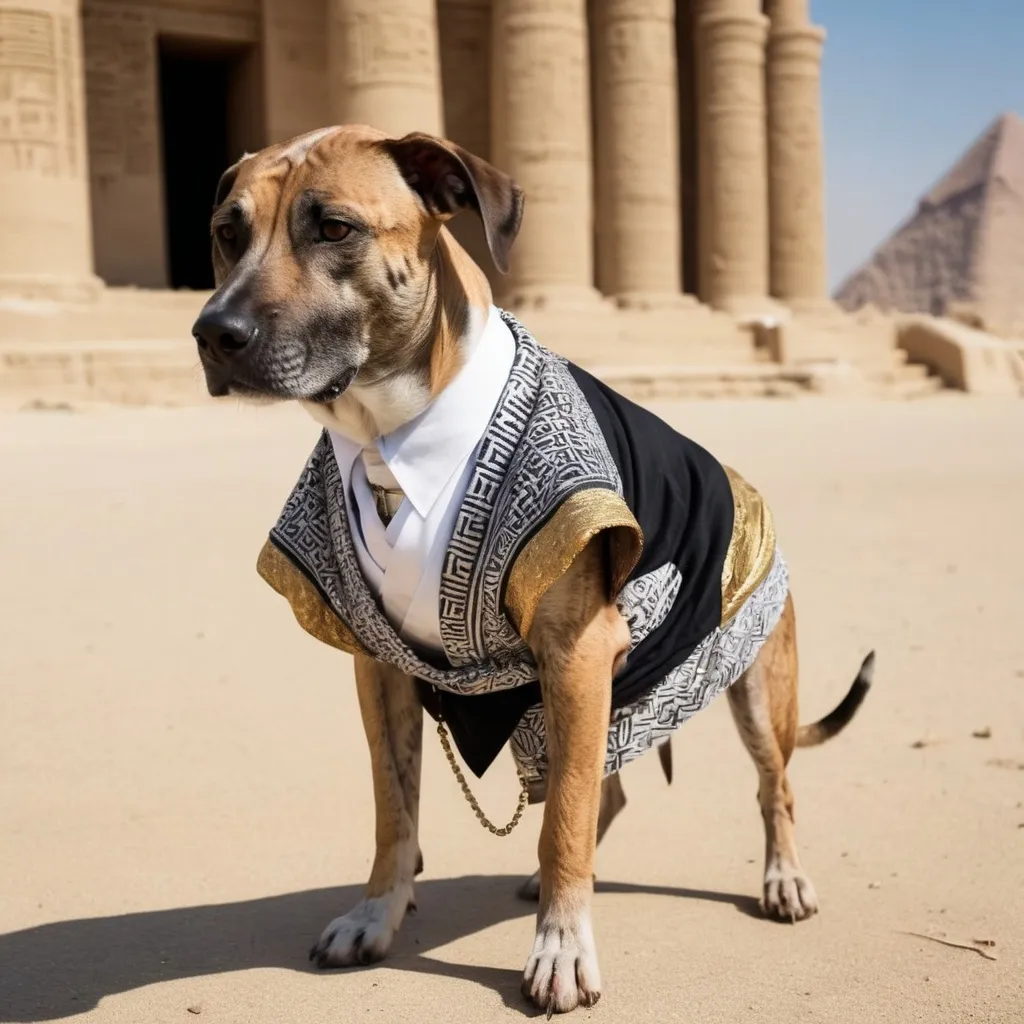 Prompt: black mountain cur dog dressed as yakuza in egypt