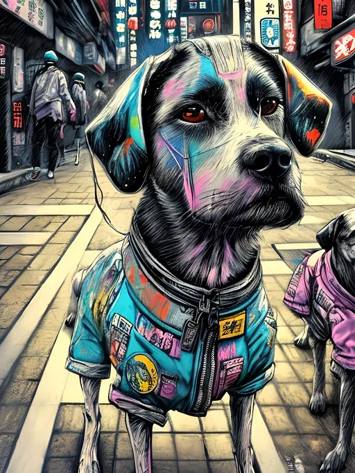 Prompt: pop art chalk pastel art of detailed dogs wearing clothes in the streets in cyberpunk japan during a festival, sketch, detailed background, highres, fun atmosphere, natural lighting,  abstract, fun