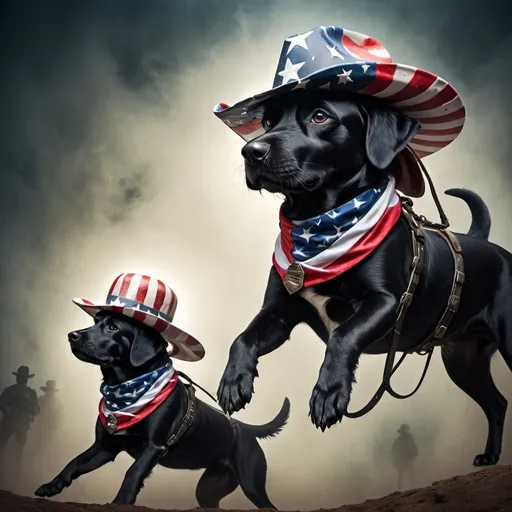 Prompt: Surreal, abstract art of black dogs in patriotic soldier outfits, cowboy hat, high contrast, dreamlike, otherworldly, fun atmosphere, mysterious, professional art, abstract, highres, vibrant colors, atmospheric lighting, USA, surreal style, vibrant, high-quality