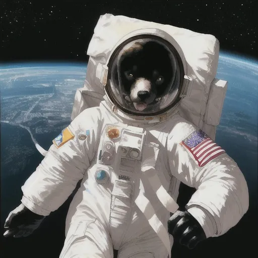 Prompt: abstract art, black dog, in space, in astronaut outfit