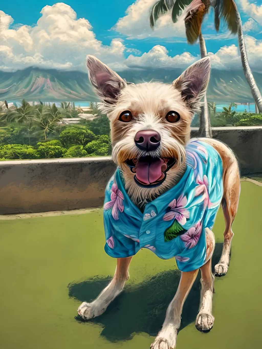 Prompt: chalk pastel style of a  detailed dog in a Hawaiian shirt in Jamaica, sketch, detailed background, highres, fun atmosphere, natural lighting,  abstract, fun