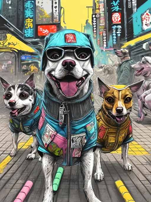 Prompt: pop art chalk pastel art of detailed dogs wearing gangster clothes playing in the streets in cyberpunk japan during a festival, sketch, detailed background, highres, fun atmosphere, natural lighting,  abstract, fun