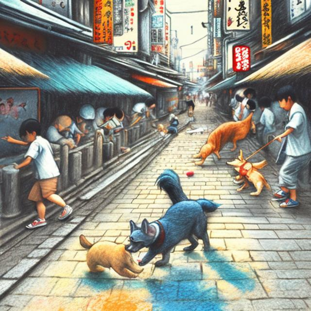 Prompt: etchy chalk pastel art of dogs playing in the streets in japan during a festival, sketch, detailed background, highres, fun atmosphere, natural lighting, pastel colors, abstract, fun