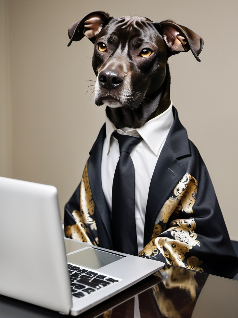 Prompt: all black mountain cur dog dressed as yakuza working on a laptop in an office