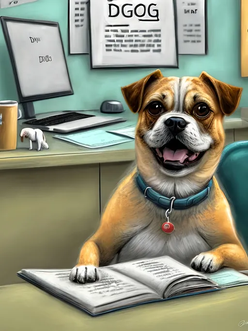 Prompt: chalk pastel style of a  detailed dog typing at a desk in an office, sketch, detailed background, highres, fun atmosphere, natural lighting,  abstract, fun