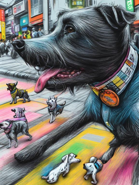 Prompt: pop art chalk pastel art of detailed dogs wearing clothes playing in the streets in japan during a festival, sketch, detailed background, highres, fun atmosphere, natural lighting,  abstract, fun