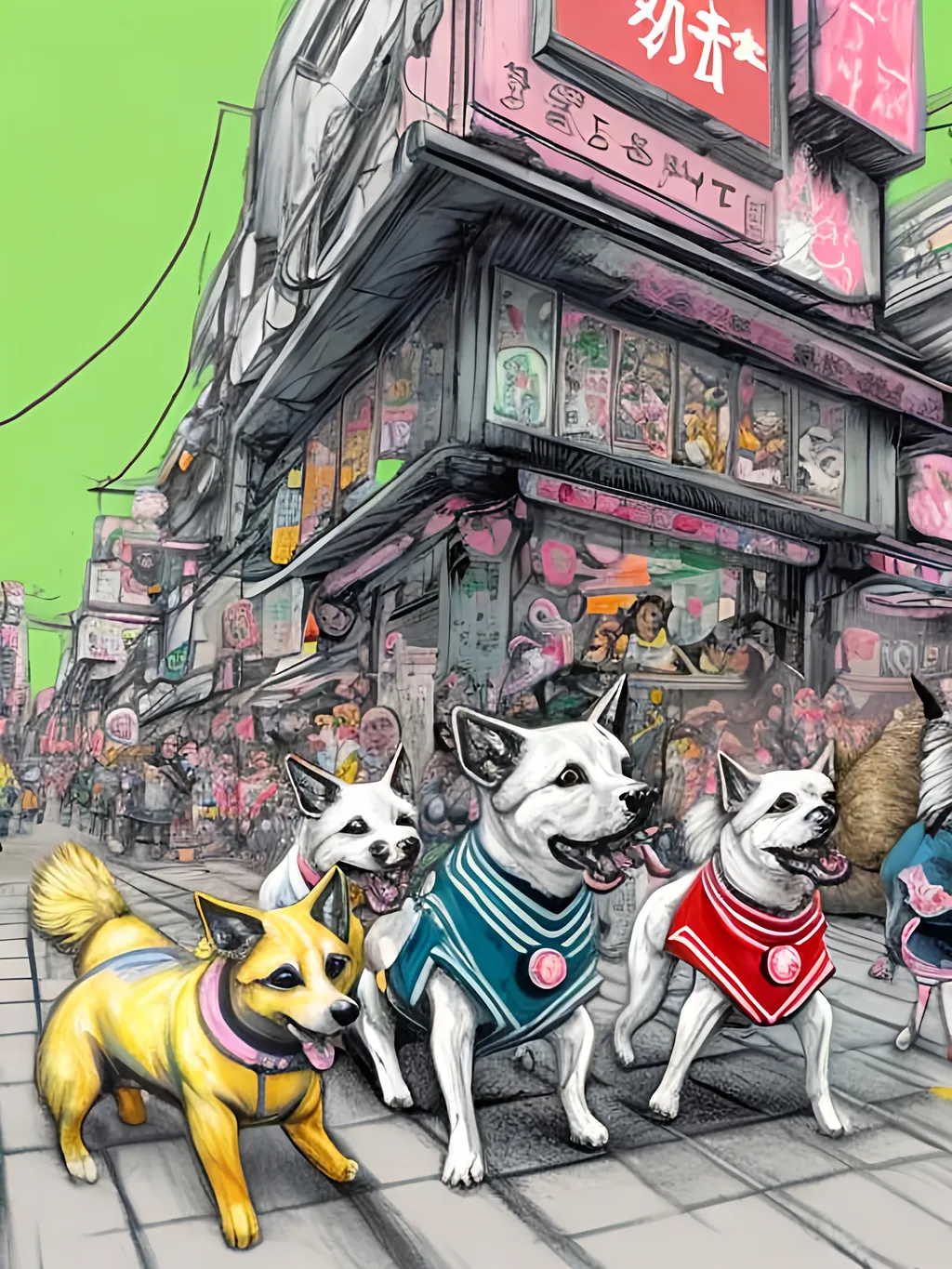 Prompt: pop art chalk pastel art of detailed dogs wearing sailor uniforms playing in the streets in cyberpunk japan during a festival, sketch, detailed background, highres, fun atmosphere, natural lighting,  abstract, fun