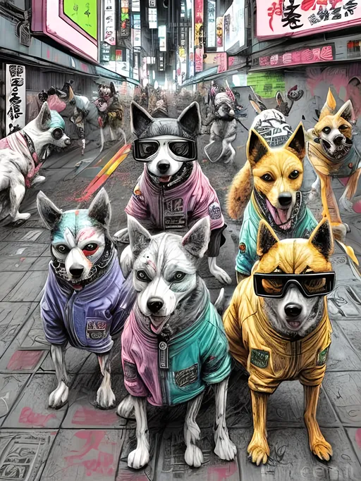 Prompt: pop art chalk pastel art of detailed dogs wearing gangster clothes playing in the streets in cyberpunk japan during a festival, sketch, detailed background, highres, fun atmosphere, natural lighting,  abstract, fun