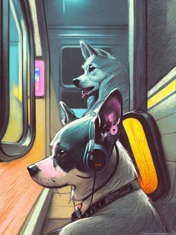 Prompt: chalk pastel art of a detailed dog listening to music on the subway train in cyberpunk japan, sketch, detailed background, highres, fun atmosphere, natural lighting,  abstract, fun