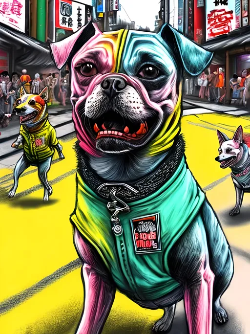 Prompt: pop art chalk pastel art of detailed dogs wearing gangster clothes playing in the streets in japan during a festival, sketch, detailed background, highres, fun atmosphere, natural lighting,  abstract, fun