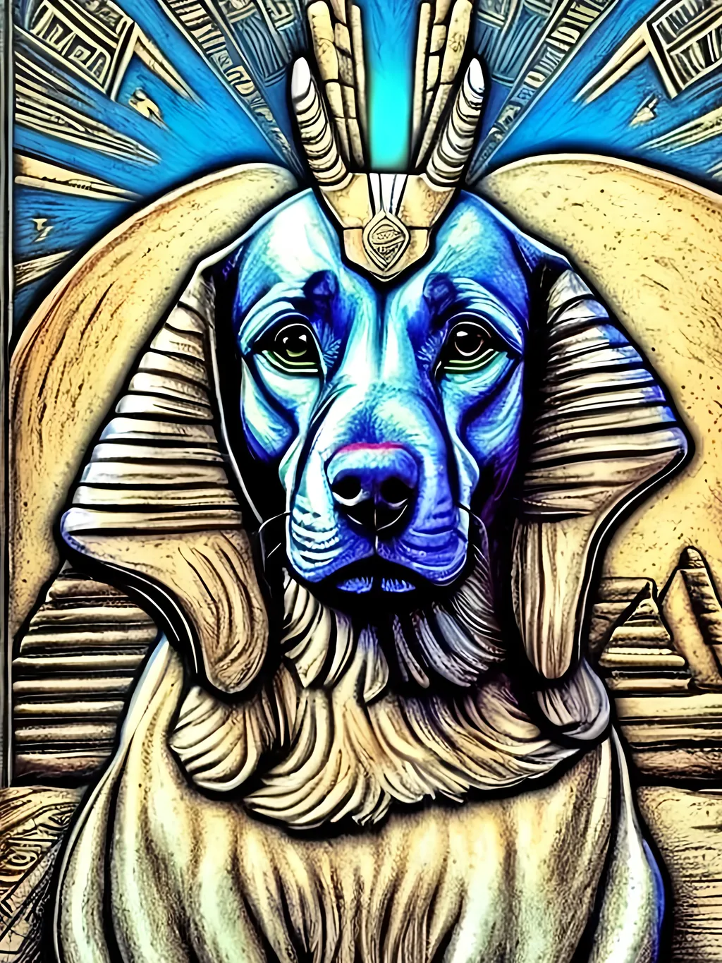 Prompt: pop art chalk pastel art of detailed dog as the sphinx in egypt, sketch, detailed background, highres, fun atmosphere, natural lighting,  abstract, fun