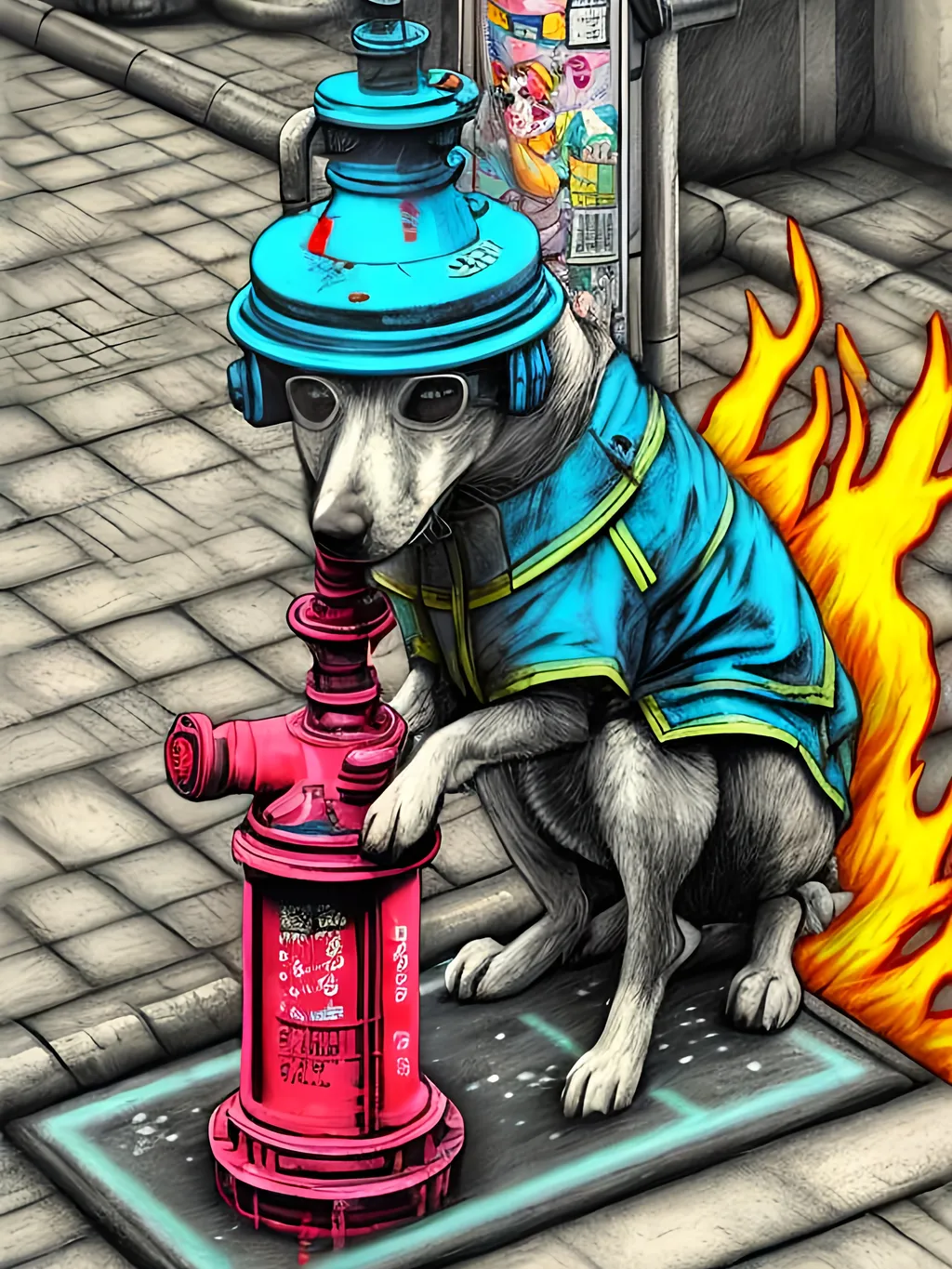 Prompt: pop art chalk pastel art of detailed dog peeing on a fire hydrant in cyberpunk japan during a festival, sketch, detailed background, highres, fun atmosphere, natural lighting,  abstract, fun