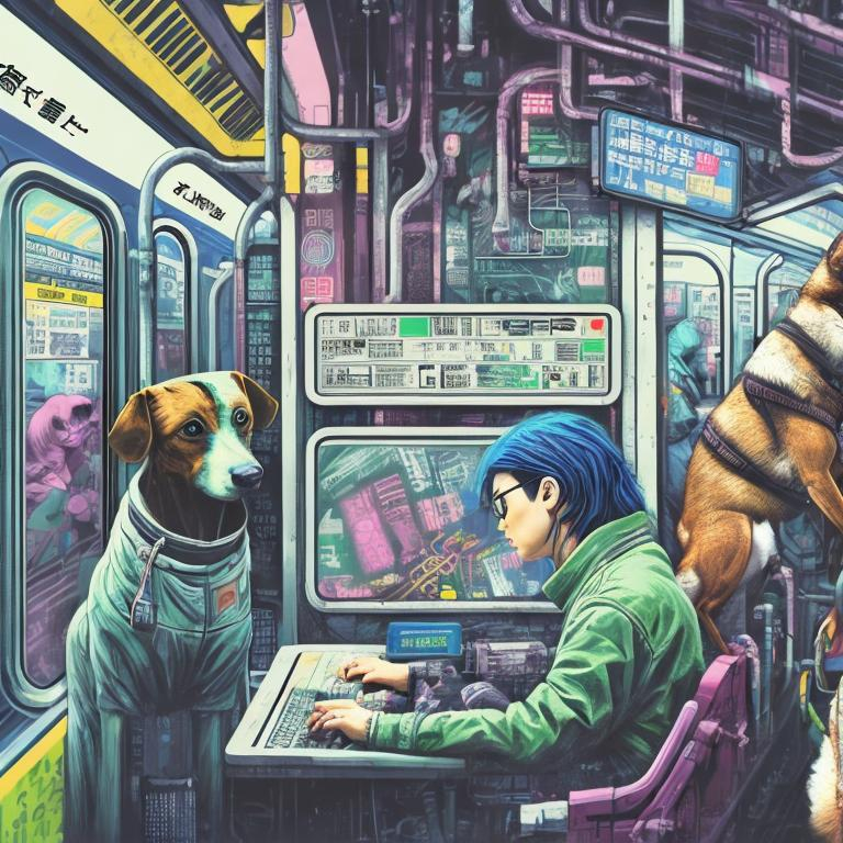 Prompt: pop art chalk pastel art of a detailed dog hacking a computer on the subway train in cyberpunk japan with planes in the background, sketch, detailed background, highres, fun atmosphere, natural lighting,  abstract, fun