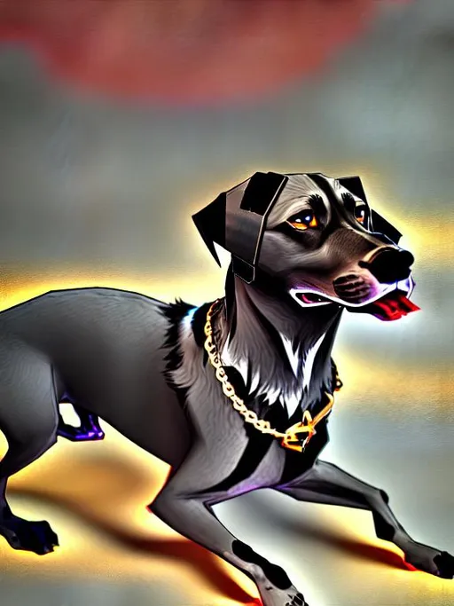 Prompt: mountain cur black dog in gangster clothing abstract art