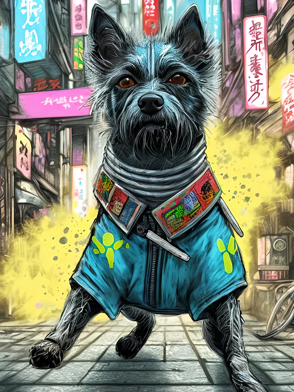 Prompt: pop art chalk pastel art of detailed dog wearing ninja clothes playing in the streets in cyberpunk japan during a festival, sketch, detailed background, highres, fun atmosphere, natural lighting,  abstract, fun